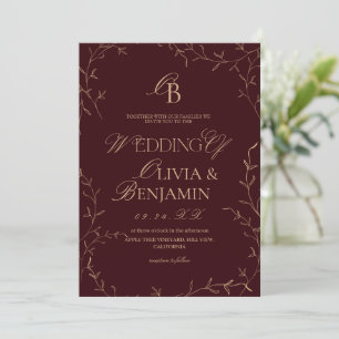 Invitación Boda botánica minimalista de viejo dinero Borgoña