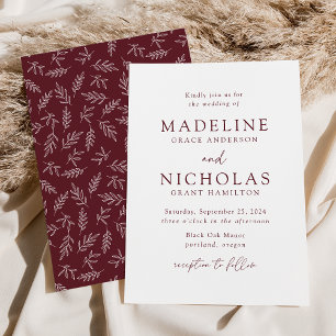Invitación Boda Botánica Minimalista Moderna Merlot