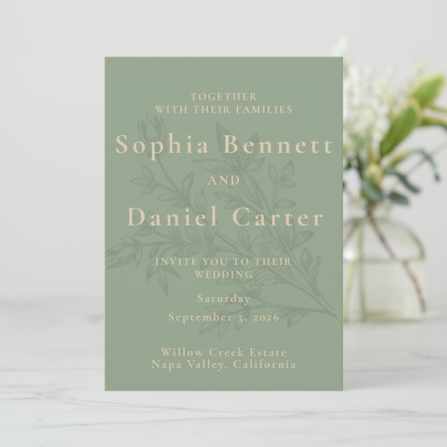 Invitación Boda Botánica Minimalista Verde Sage (Anverso de pie)