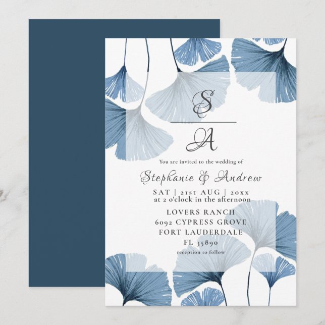 Invitación Boda Botánica Moderna Azul Gingko (Anverso / Reverso)