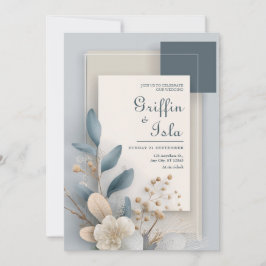Invitación Boda Botánica Moderna de Piedra Carbón Azul Polvor