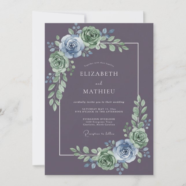 Invitación Boda Botánica Morada Silenciada y Malhumorada (Anverso)