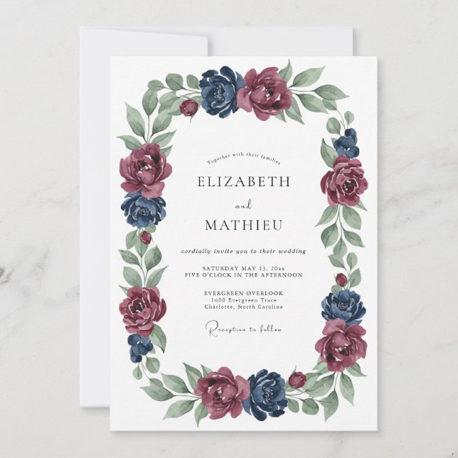 Invitación Boda Botánica Navy Moody (Anverso)