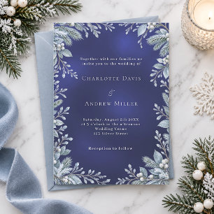 Invitación Boda Botánica Negra de Invierno Azul Helado