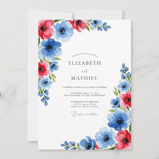 Invitación Boda Botánica Negrita Azul Rojo (Anverso)