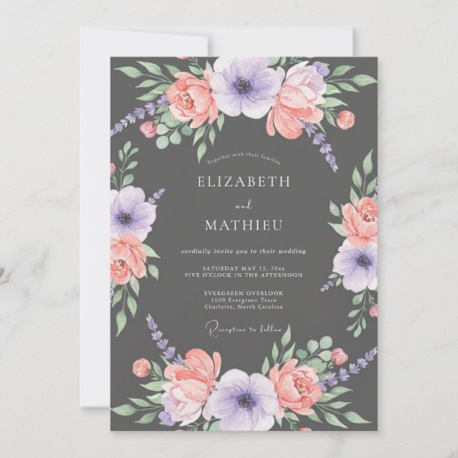 Invitación Boda Botánica Negrita Gris Carbón (Anverso)