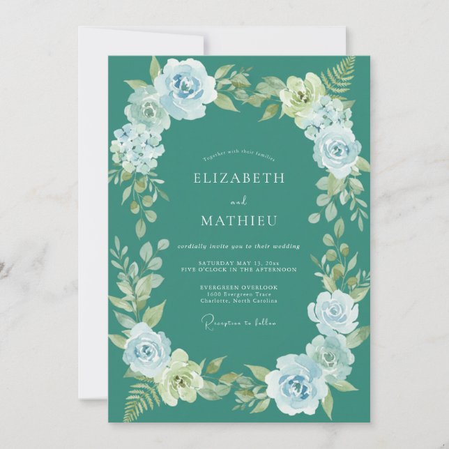 Invitación Boda Botánica Niebla Teal (Anverso)