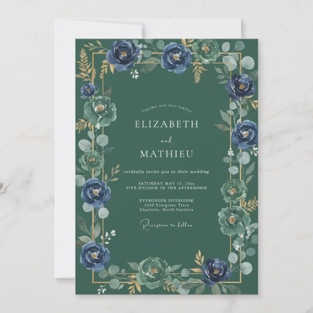 Invitación Boda Botánica Noble Verde Bosque (Anverso)