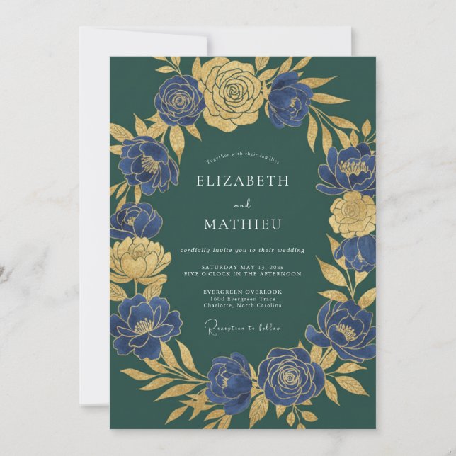 Invitación Boda Botánica Noble Verde Esmeralda (Anverso)