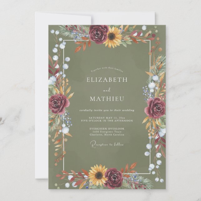 Invitación Boda Botánica Oliva Borgoña (Anverso)