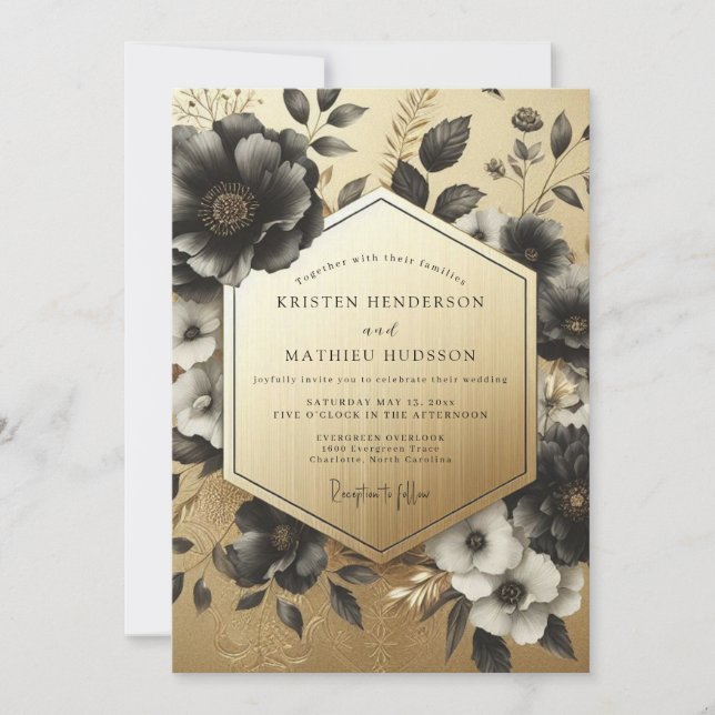 Invitación Boda Botánica Opulenta Negra (Anverso)