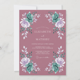 Invitación Boda Botánica Ornada de Color Malva y Turquesa