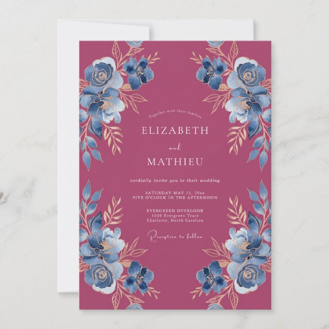 Invitación Boda Botánica Ornamentada Magenta (Anverso)