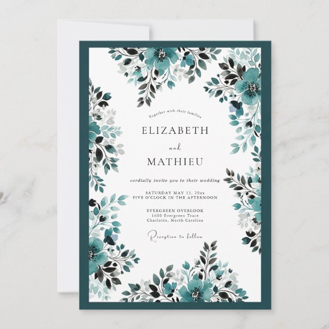 Invitación Boda Botánica Ornata Teal (Anverso)