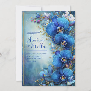 Invitación Boda Botánica Orquídea Daurada Cobalto Polvo de Es