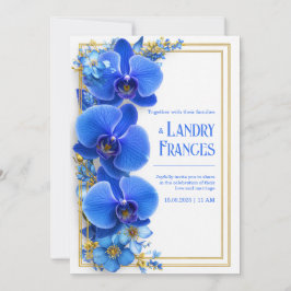 Invitación Boda Botánica Orquídea Dorada Azul Cobalto