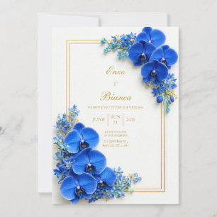 Invitación Boda Botánica Orquídea Dorada Azul Zafiro