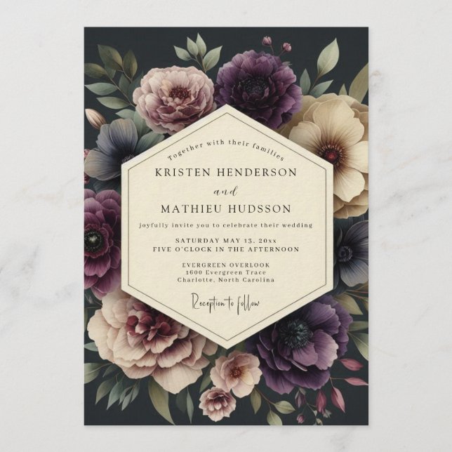 Invitación Boda Botánica Oscura de Ciruela (Anverso)