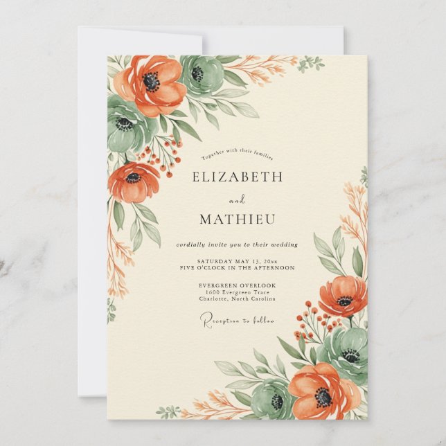 Invitación Boda Botánica Otoñal Coral Verde (Anverso)