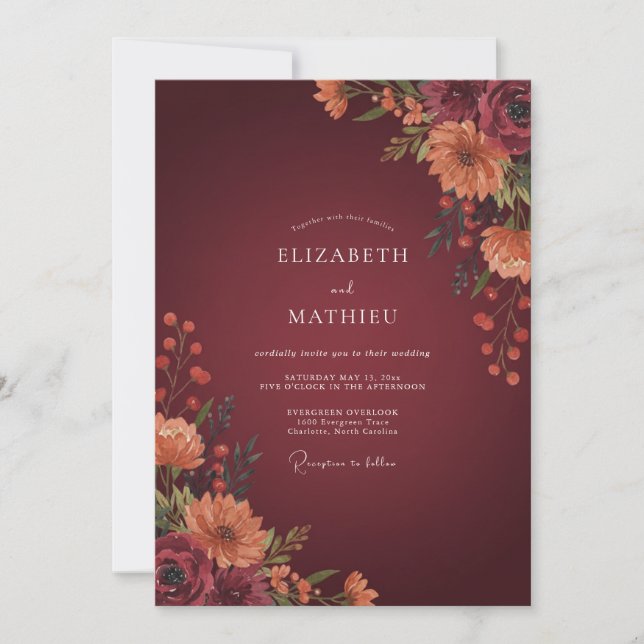 Invitación Boda botánica otoñal de Borgoña (Anverso)