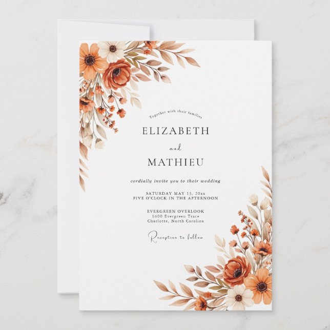 Invitación Boda Botánica Otoñal de Naranja Quemada (Anverso)