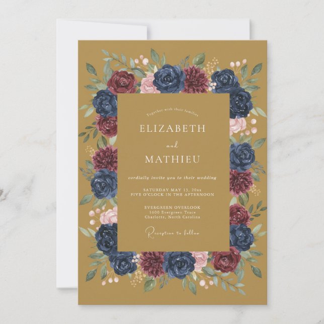Invitación Boda Botánica Otoñal Navy Rich (Anverso)