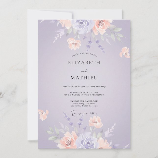 Invitación Boda Botánica Pastel de Lavanda (Anverso)