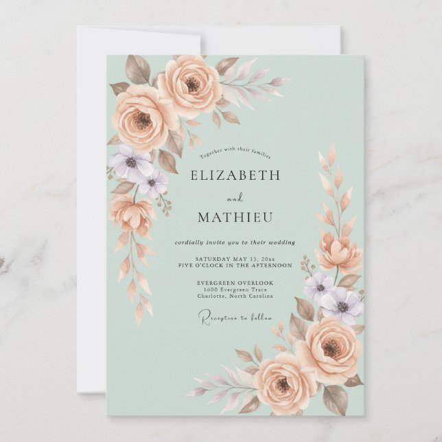 Invitación Boda Botánica Pastel Verde Salvia (Anverso)