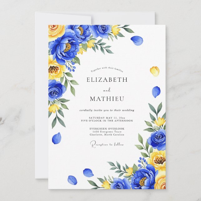Invitación Boda Botánica Pintada Azul Real (Anverso)