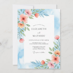 Invitación Boda Botánica Pintoresca Azul Coral