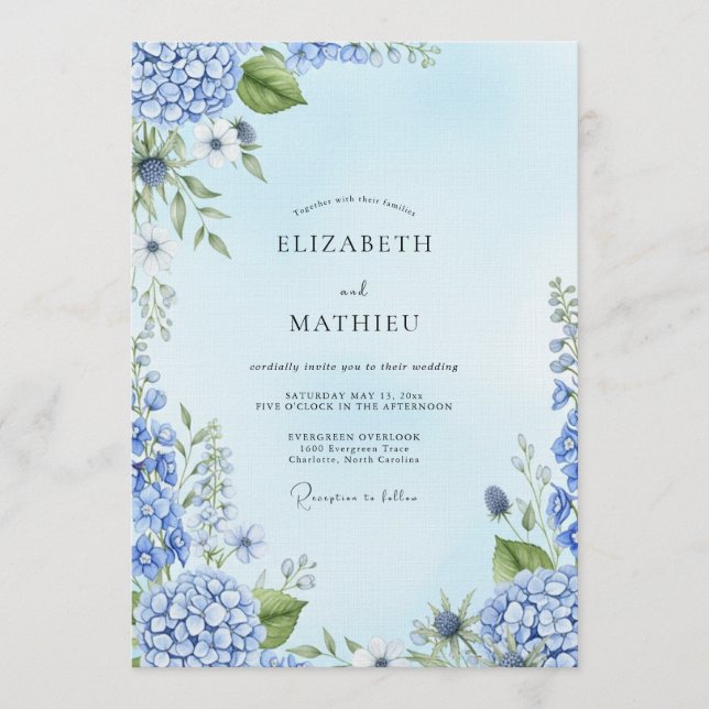 Invitación Boda Botánica Pintoresca Azul Polvoriento (Anverso)