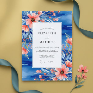 Invitación Boda Botánica Pintoresca Coral Azul
