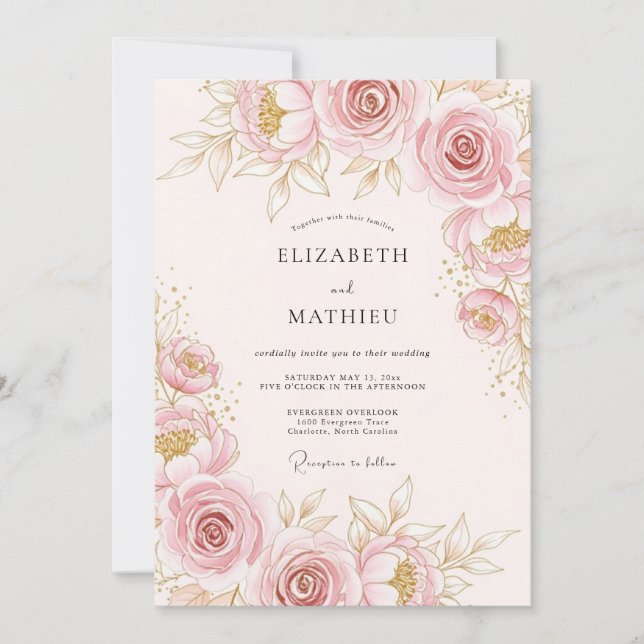 Invitación Boda Botánica Pintoresca de Rosa Rosado (Anverso)
