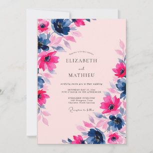 Invitación Boda Botánica Pintoresca de Rosa y Azul Marino