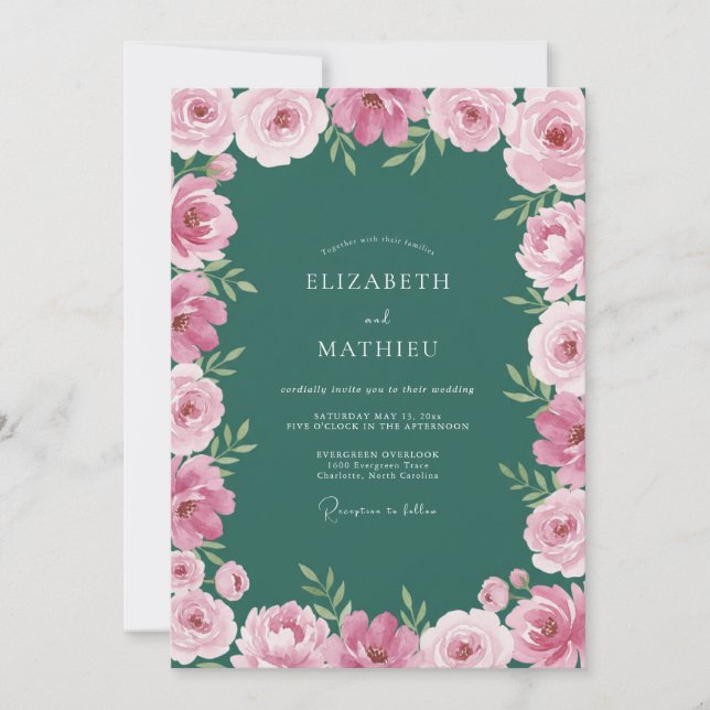 Invitación Boda Botánica Pintoresca Verde Esmeralda (Anverso)