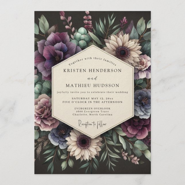Invitación Boda Botánica Plum Moody (Anverso)