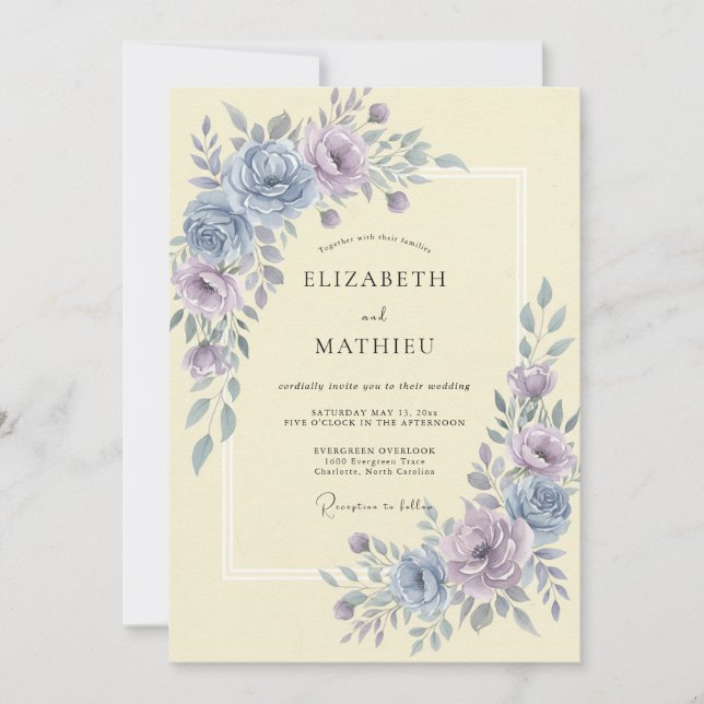 Invitación Boda Botánica Polvo Azul Lavanda (Anverso)