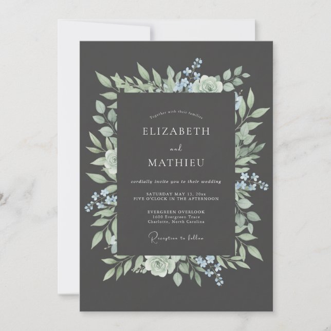 Invitación Boda Botánica Prístina Gris Carbón (Anverso)