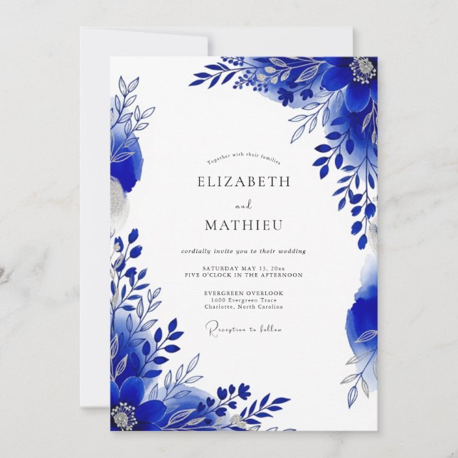 Invitación Boda Botánica Pulida de Azul Real (Anverso)