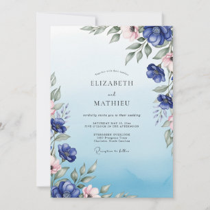 Invitación Boda Botánica Radiante Azul Cobalto