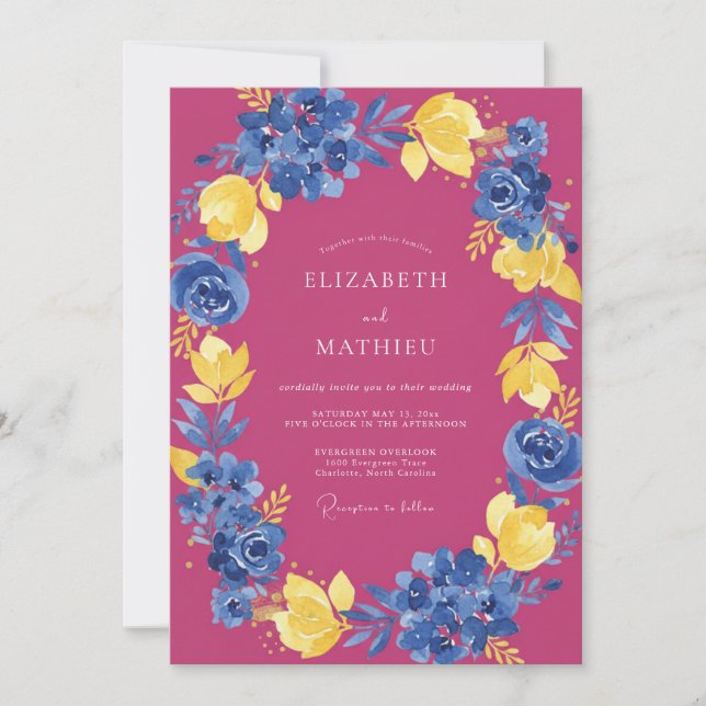 Invitación Boda Botánica Radiante de Color Fuchsia (Anverso)