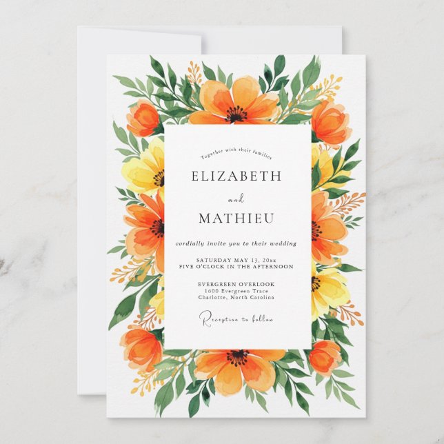 Invitación Boda Botánica Radiante Naranja (Anverso)