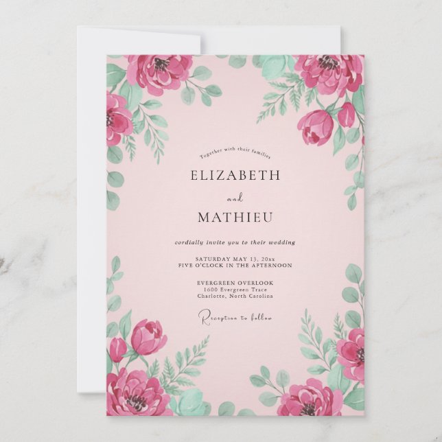 Invitación Boda Botánica Radiante Rosa Frambuesa (Anverso)