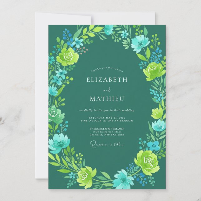 Invitación Boda Botánica Radiante Turquesa (Anverso)