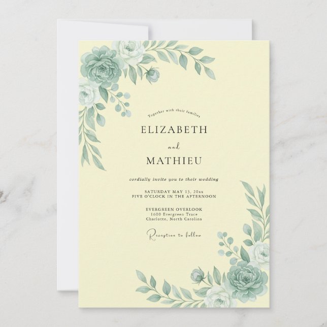 Invitación Boda Botánica Radiante Verde Espuma de Mar (Anverso)