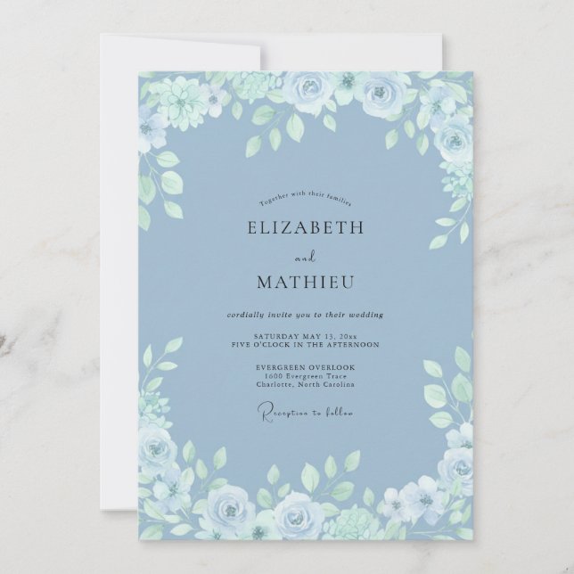 Invitación Boda Botánica Refinada Azul de Acenoria (Anverso)