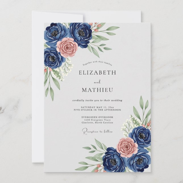 Invitación Boda Botánica Refinada Azul Marino (Anverso)