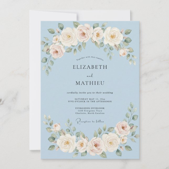 Invitación Boda Botánica Refinada Azul Polvo (Anverso)
