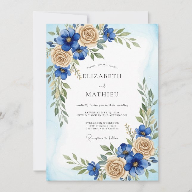 Invitación Boda Botánica Refinada Azul Real (Anverso)