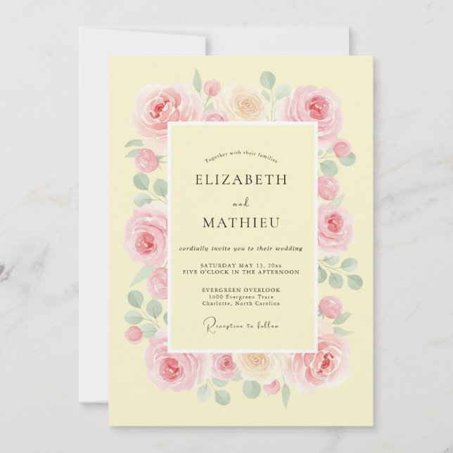 Invitación Boda Botánica Refinada de Amarillo Pálido (Anverso)